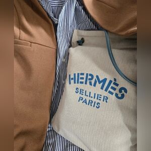 Authentic HERMÈS Large Tote Satchel Herringbone Canvas‎ & Leather Weekender